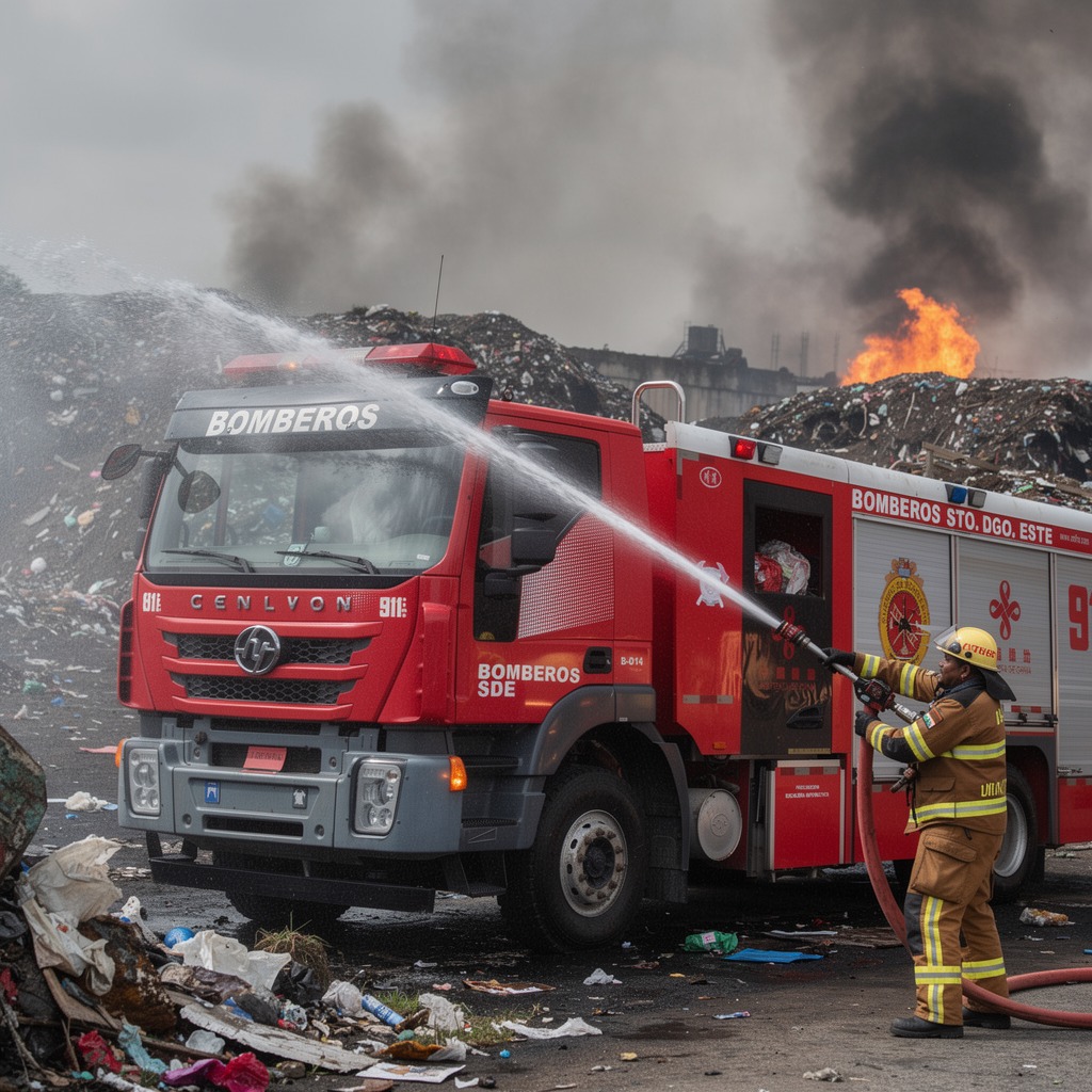 Bomberos de Santo Domingo Este refuerzan operativo para sofocar incendio en el vertedero de San Luis